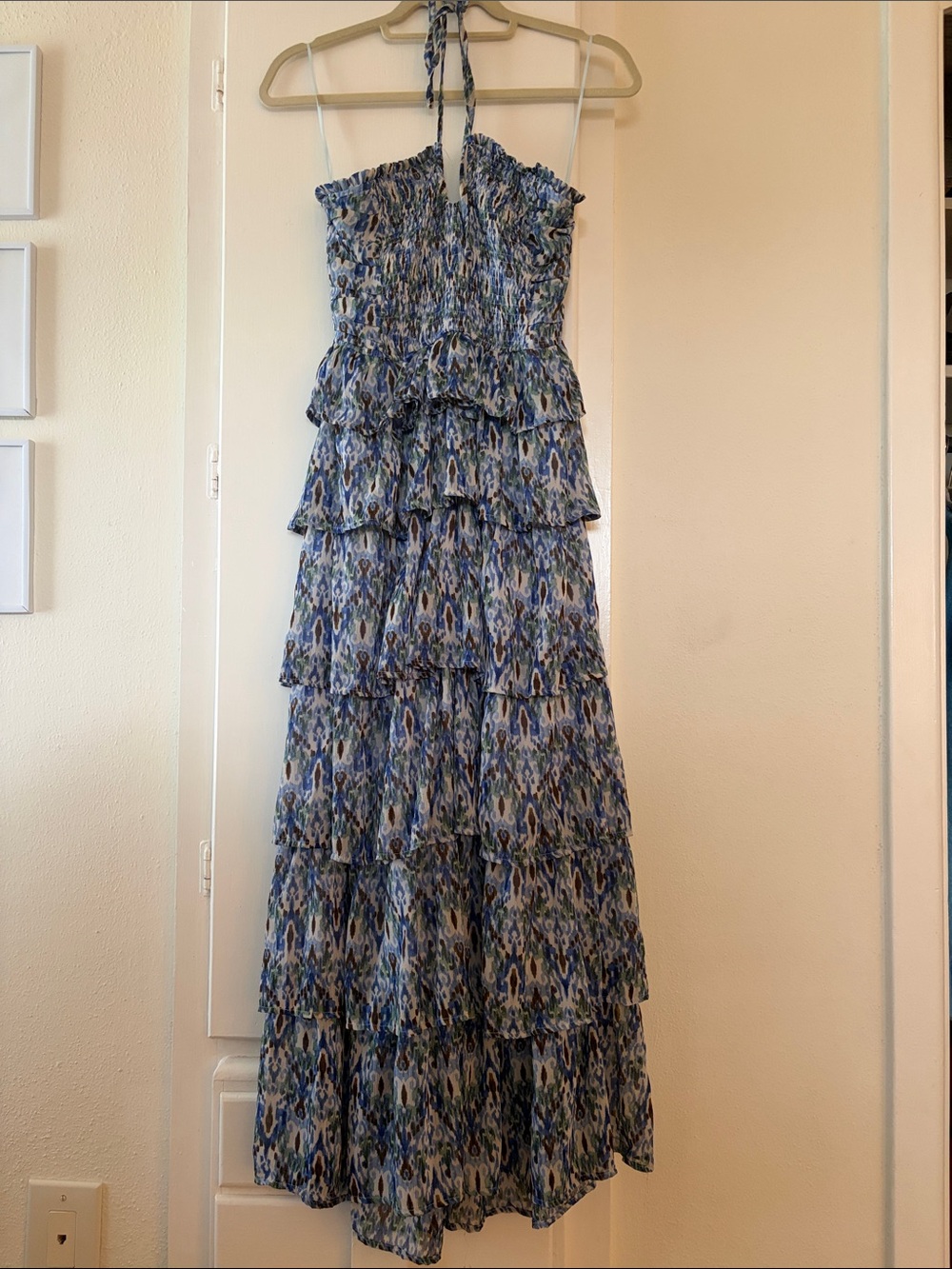 Smocked Halter Blue Patterned Tiered Maxi Dress